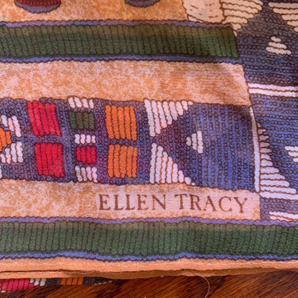 Ellen Tracy Scarf Geometric Tribal Print Earth Tones Sheer Green Tan 60x15